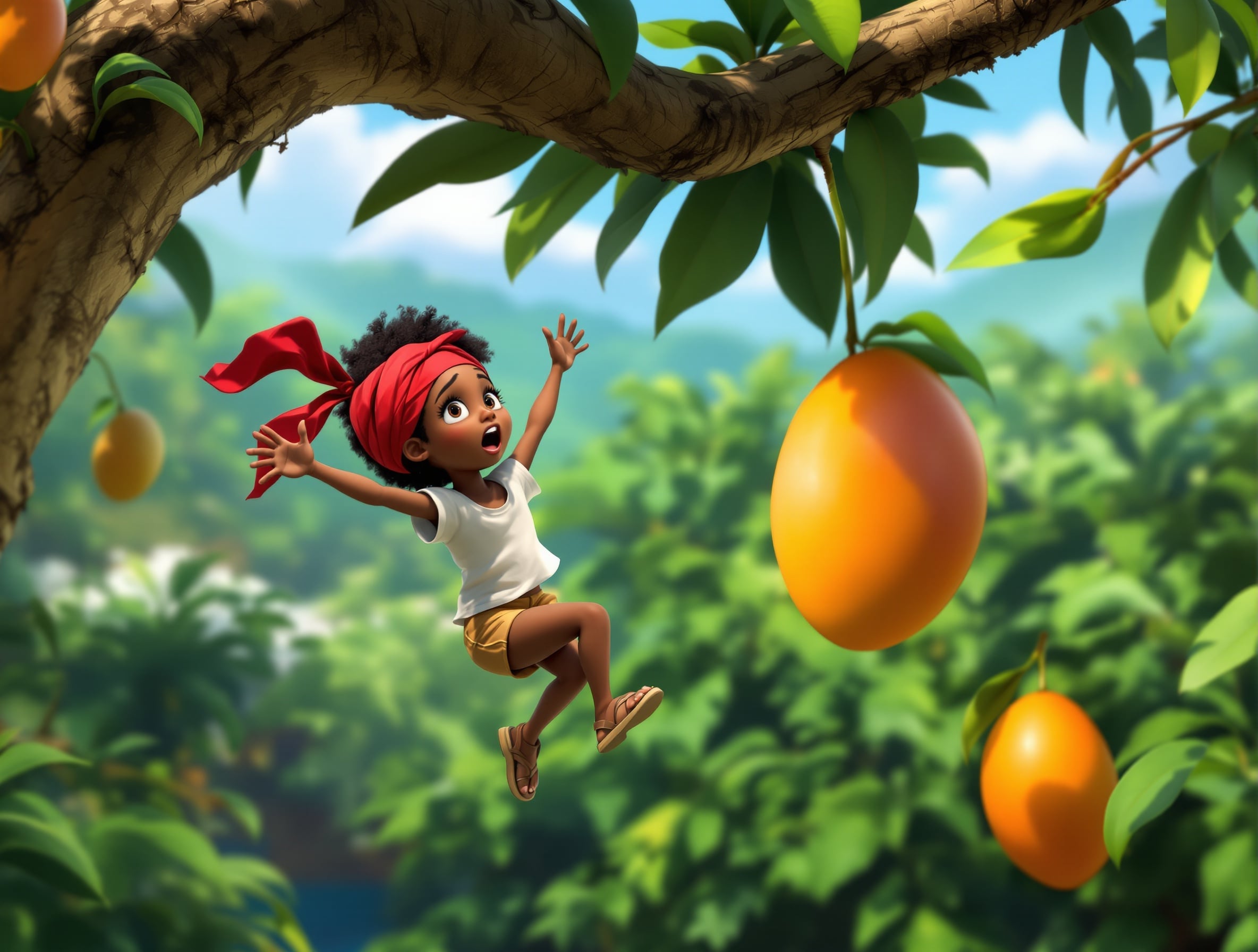 Claire falling from the mango tree with arms outstretched