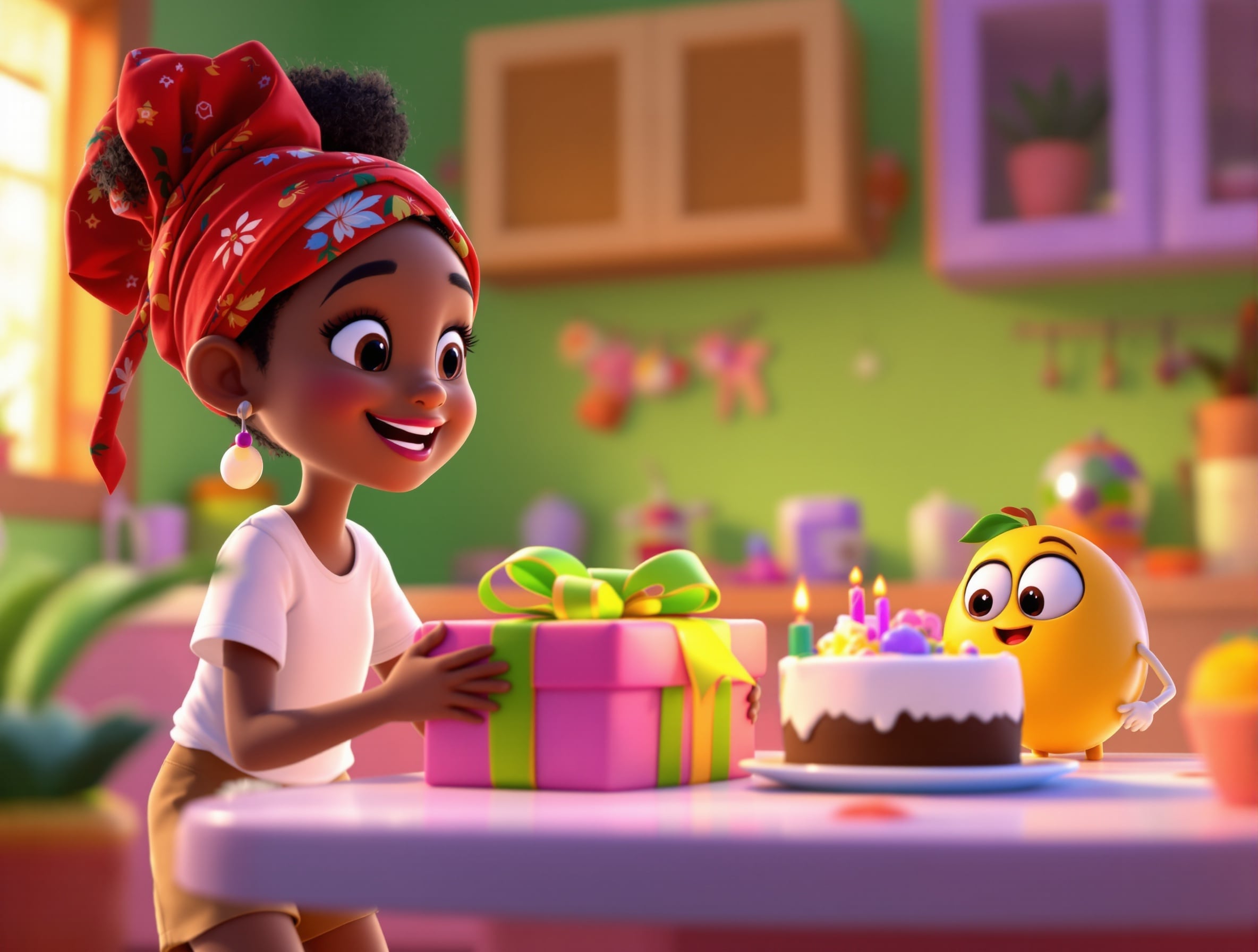 Claire with a gift box and birthday cake and a smiling mango character