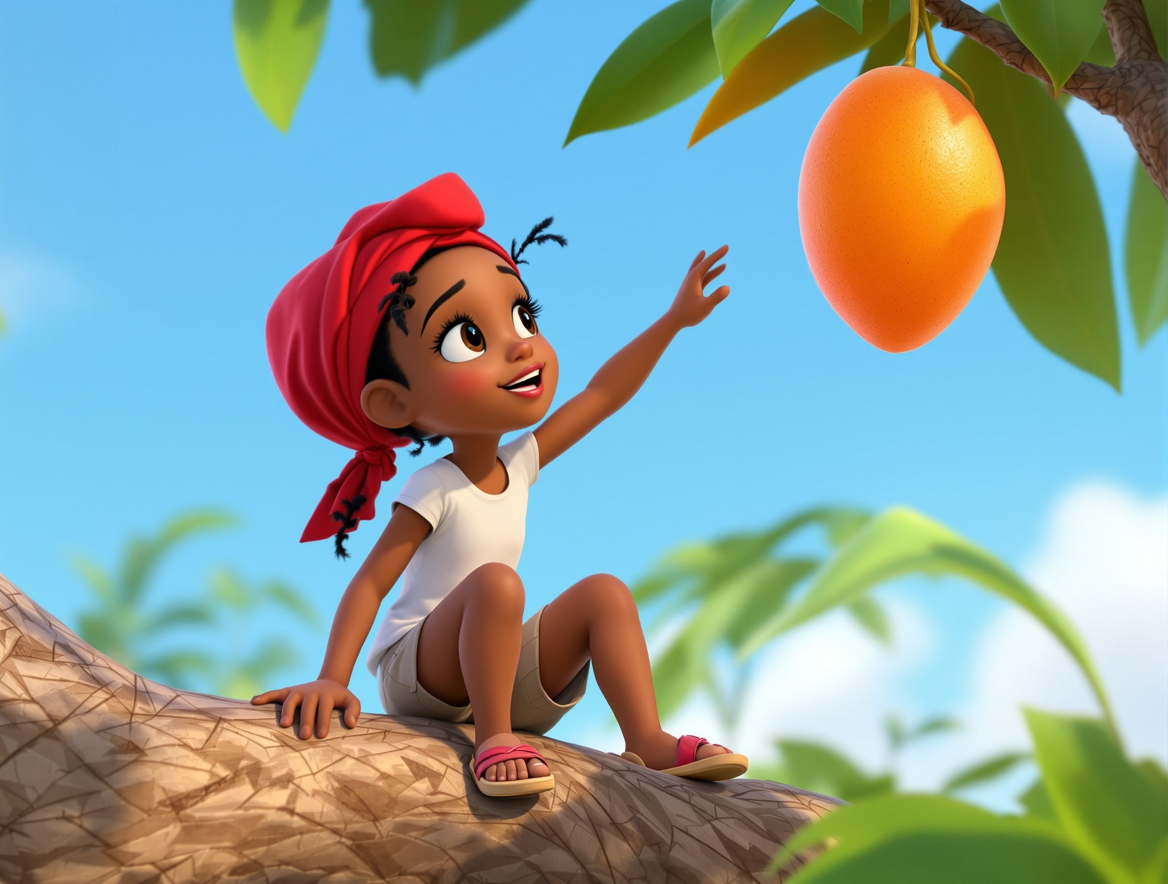 Close-up of Claire reaching for a ripe mango on a branch