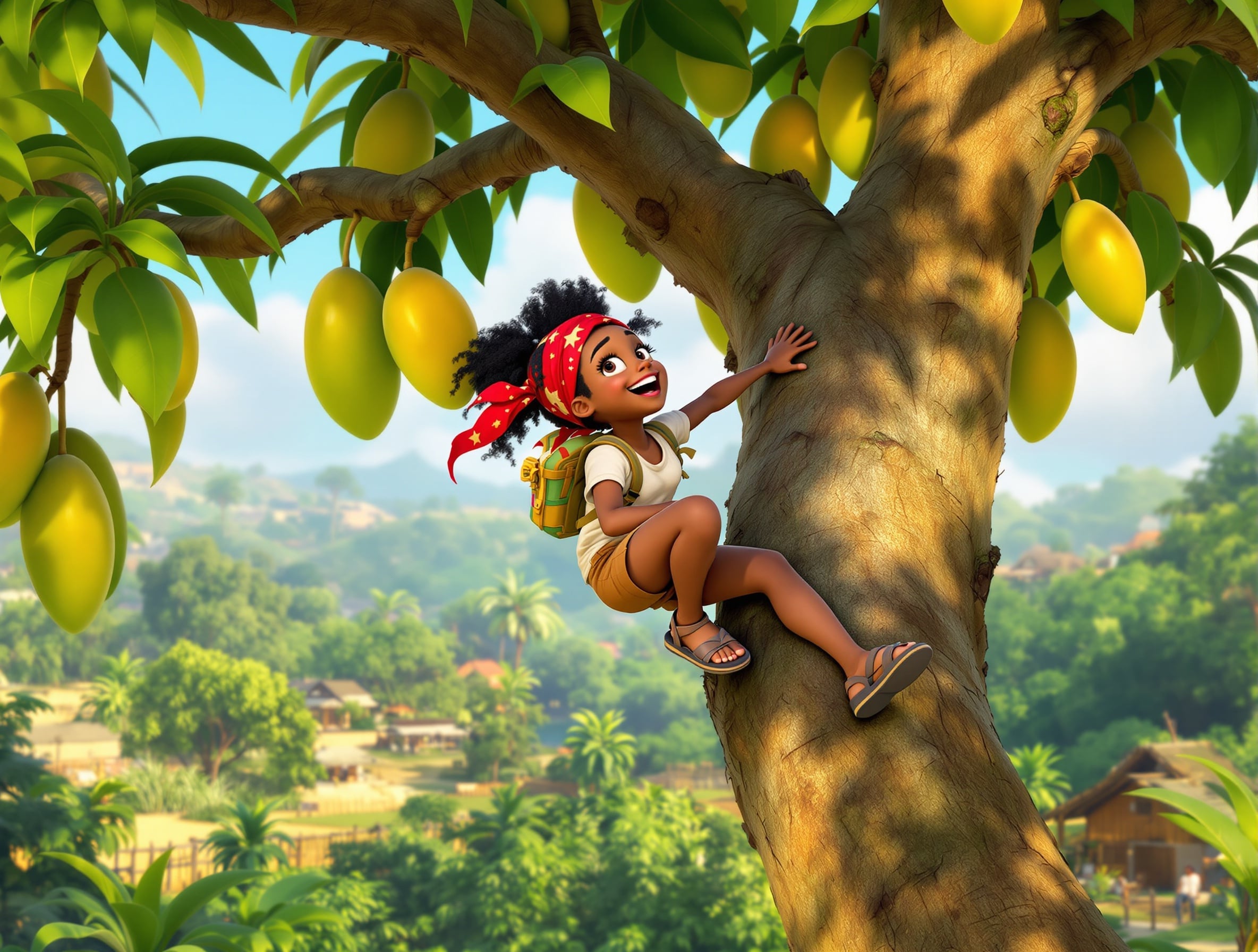 Claire running along a mango tree branch in Tobago