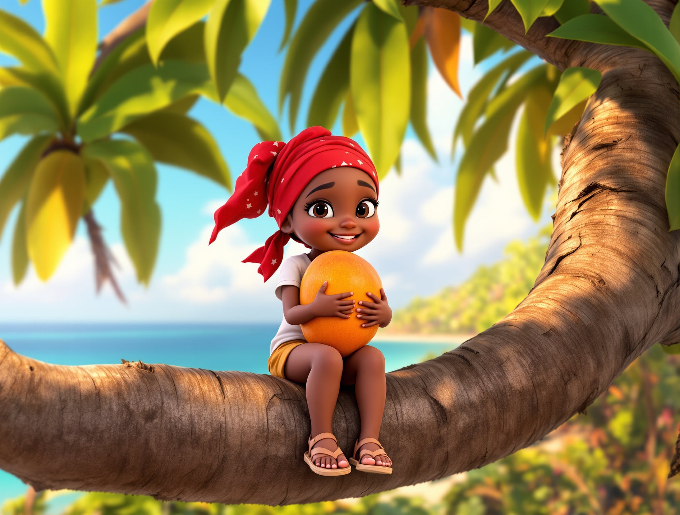Claire sitting on a branch hugging a big mango with Caribbean ocean behind her
